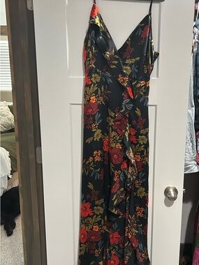 Floral V-Neck Black Maxi Dress with Red & Green Print